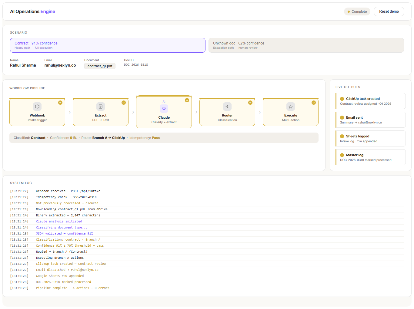 AI Operations Engine — Confidence Routing & Human-in-the-Loop Escalation